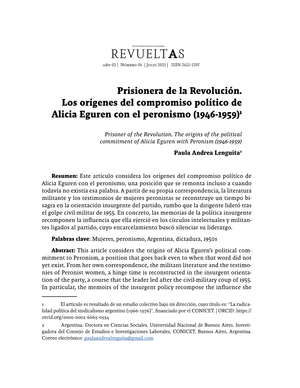 Prisionera De La Revolución. Los Orígenes Del Compromiso Político De Alicia Eguren Con El Peronismo (1946-1959)1