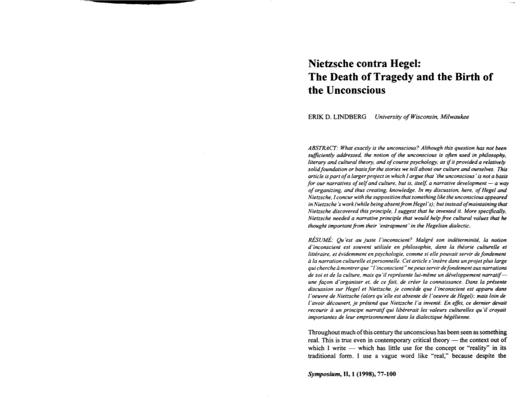 Nietzsche Contra Hegel: the Death of Tragedy and the Birth of the Unconscious