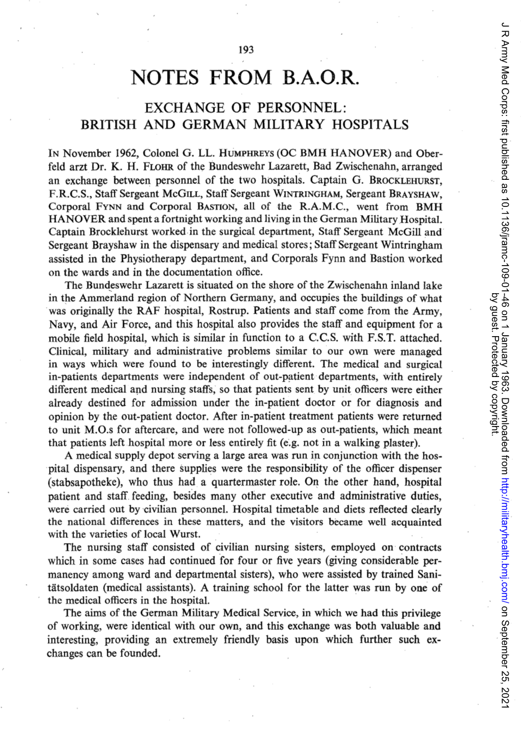 Notes from B.A.O.R. Exchange of Personnel: British and German Military Hospitals