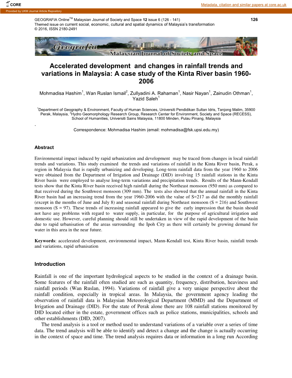 Accelerated Development and Changes in Rainfall Trends and Variations in Malaysia: a Case Study of the Kinta River Basin 1960- 2006