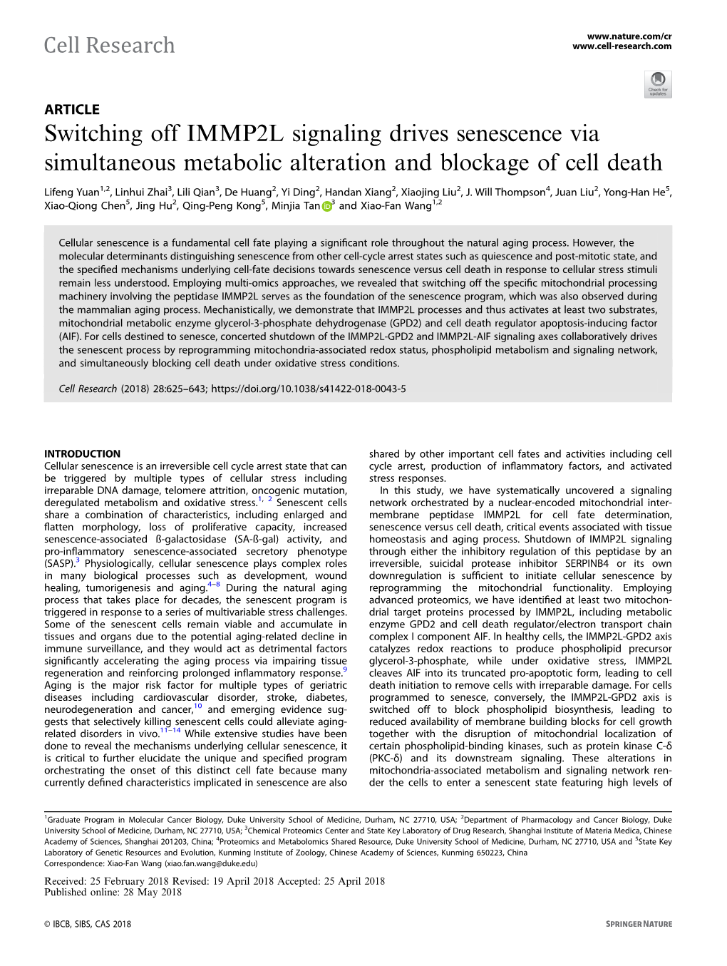 Switching Off IMMP2L Signaling Drives Senescence Via Simultaneous Metabolic Alteration and Blockage of Cell Death