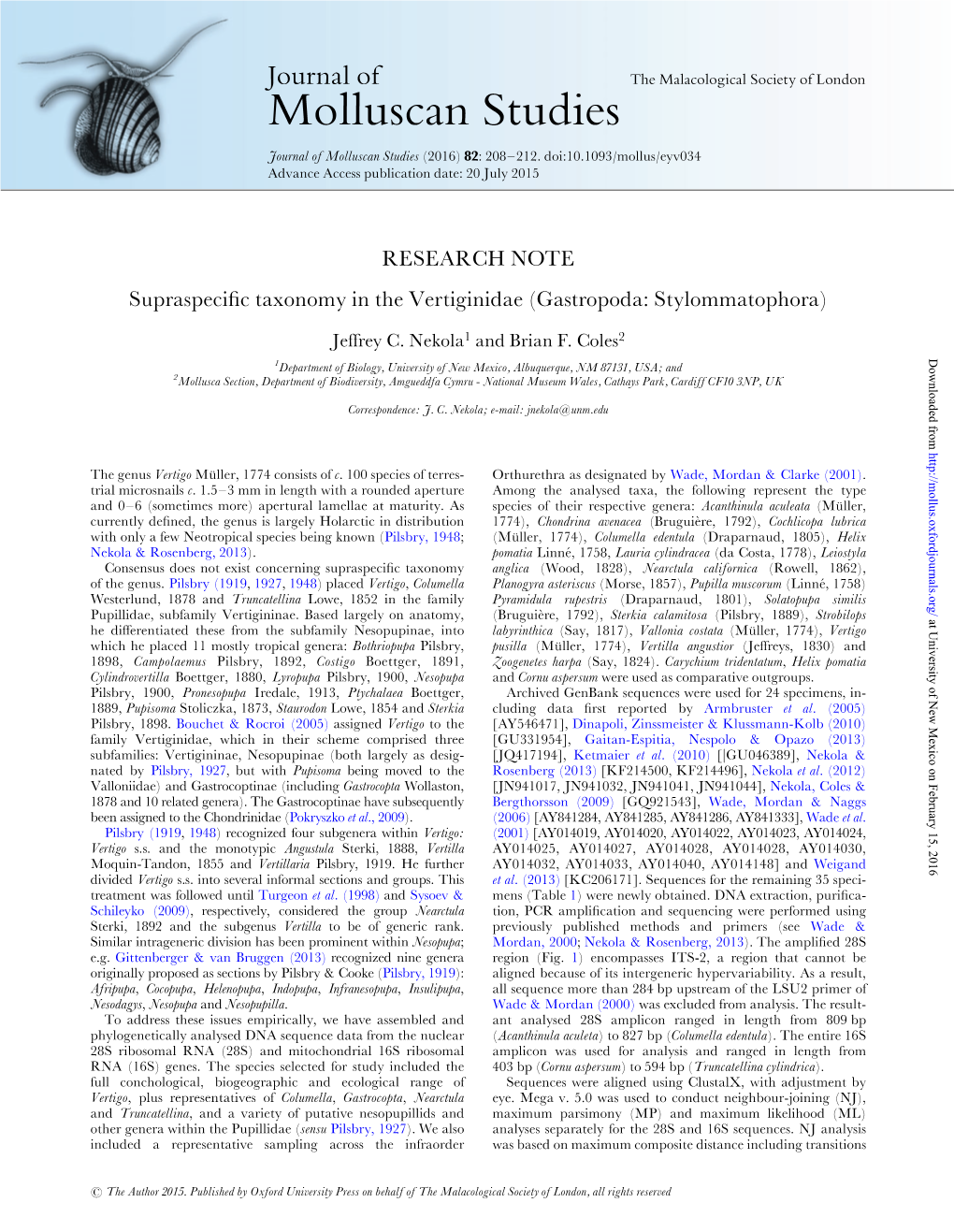 Supraspecific Taxonomy in the Vertiginidae