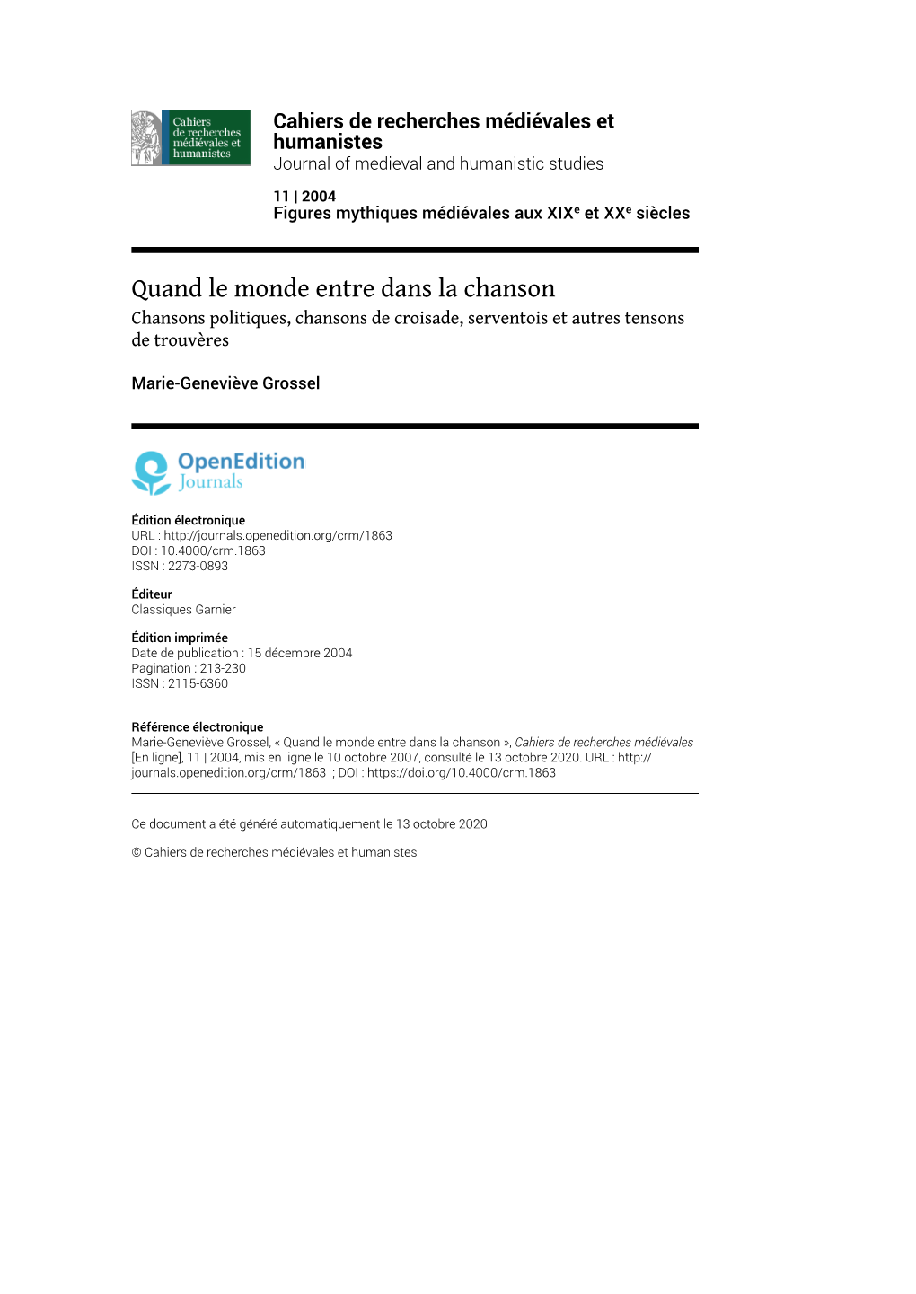 Cahiers De Recherches Médiévales Et Humanistes, 11 | 2004 Quand Le Monde Entre Dans La Chanson 2