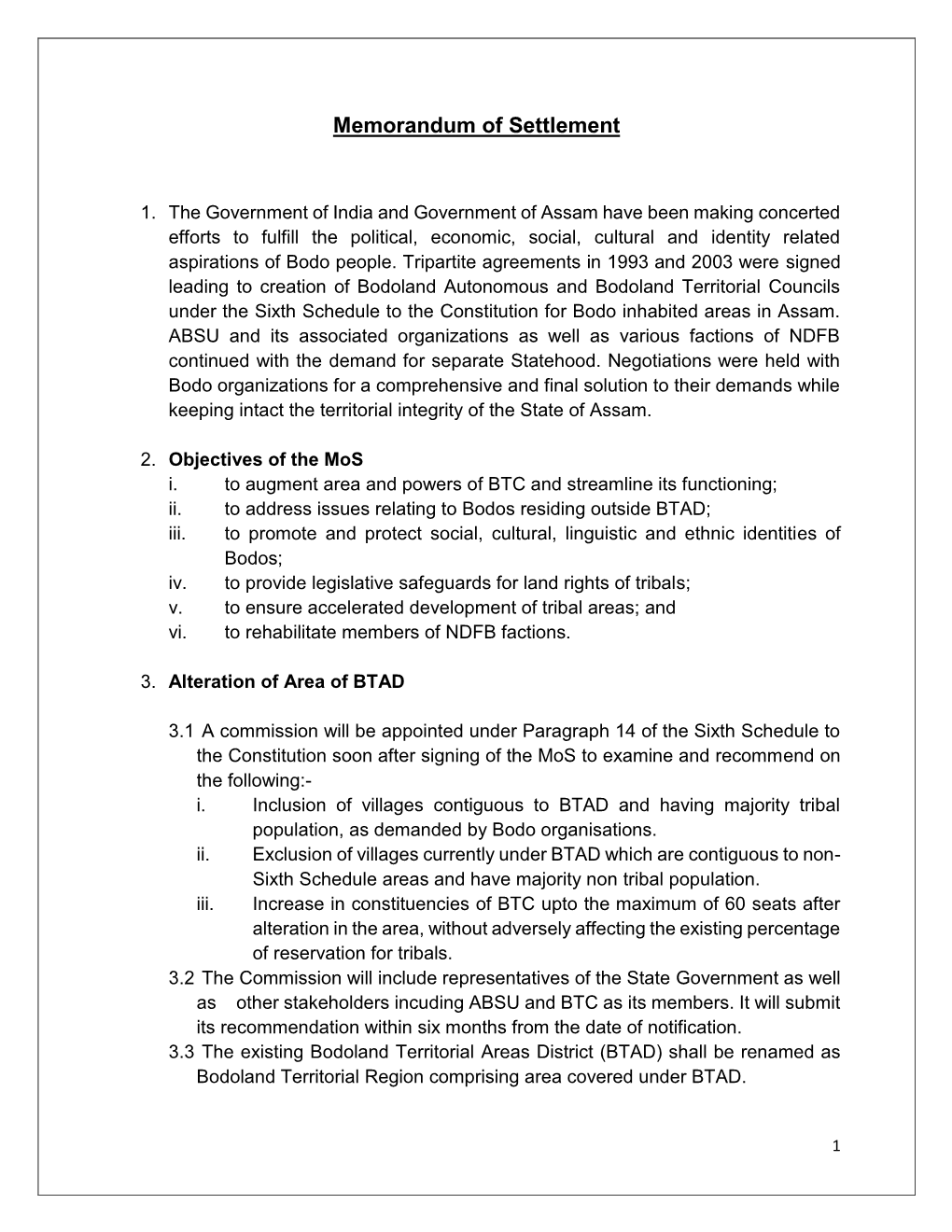 Memorandum of Settlement