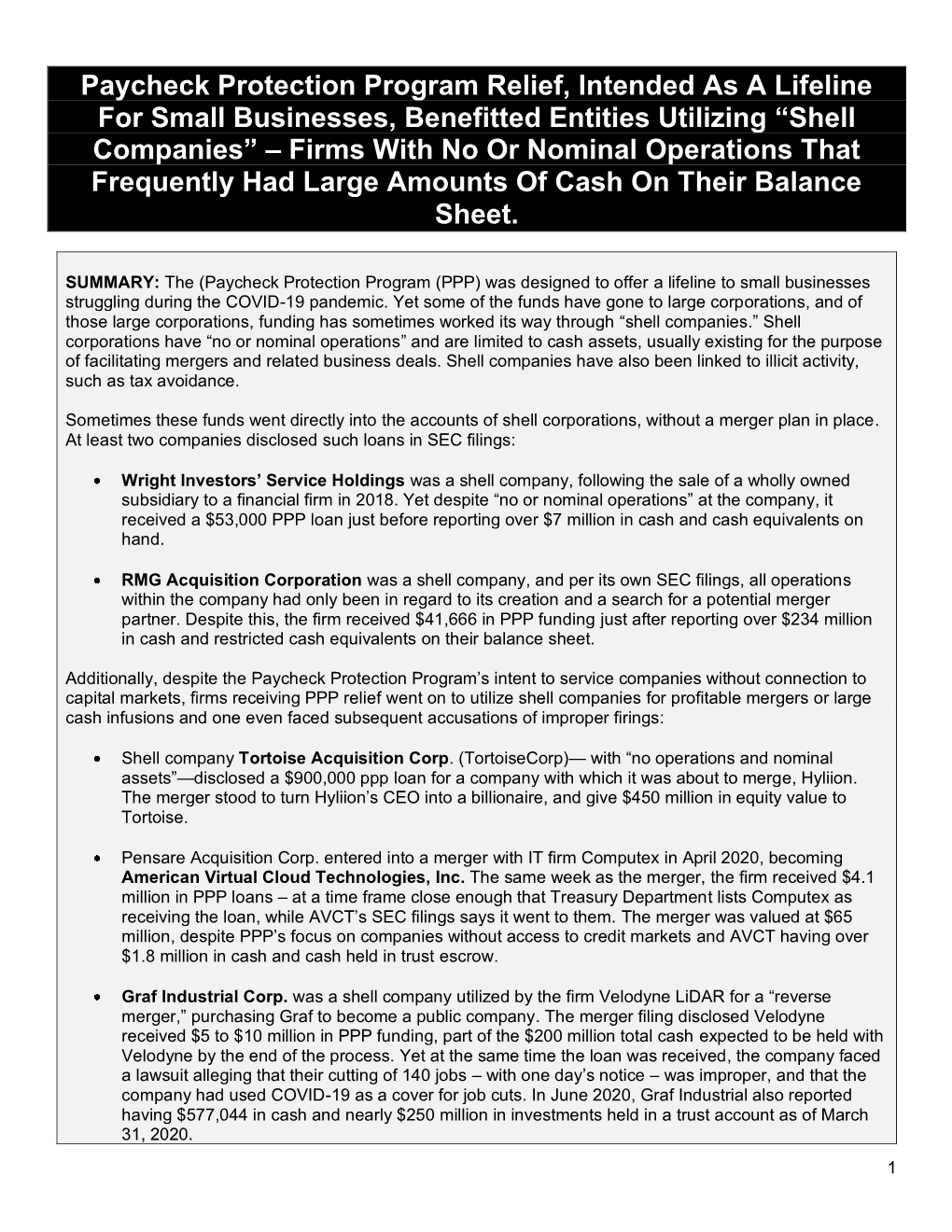 Shell Companies” – Firms with No Or Nominal Operations That Frequently Had Large Amounts of Cash on Their Balance Sheet