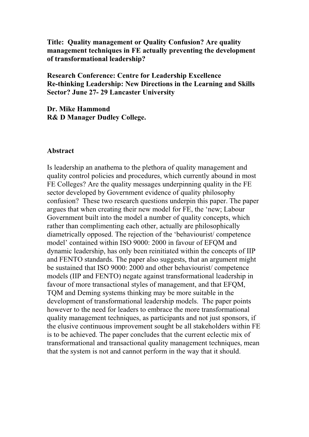 Research Conference: Centre for Leadership Excellence