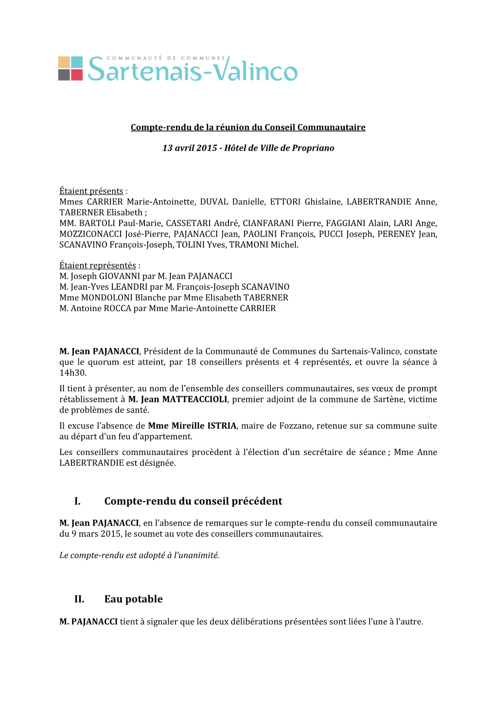 I. Compte-Rendu Du Conseil Précédent II. Eau Potable