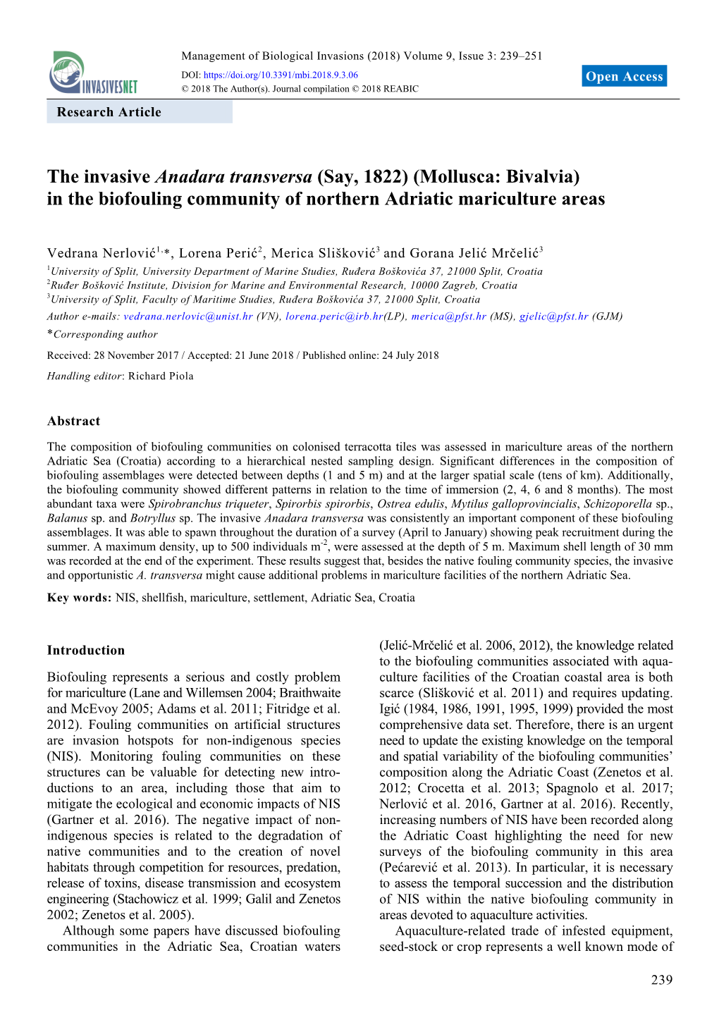 The Invasive Anadara Transversa (Say, 1822) (Mollusca: Bivalvia) in the Biofouling Community of Northern Adriatic Mariculture Areas