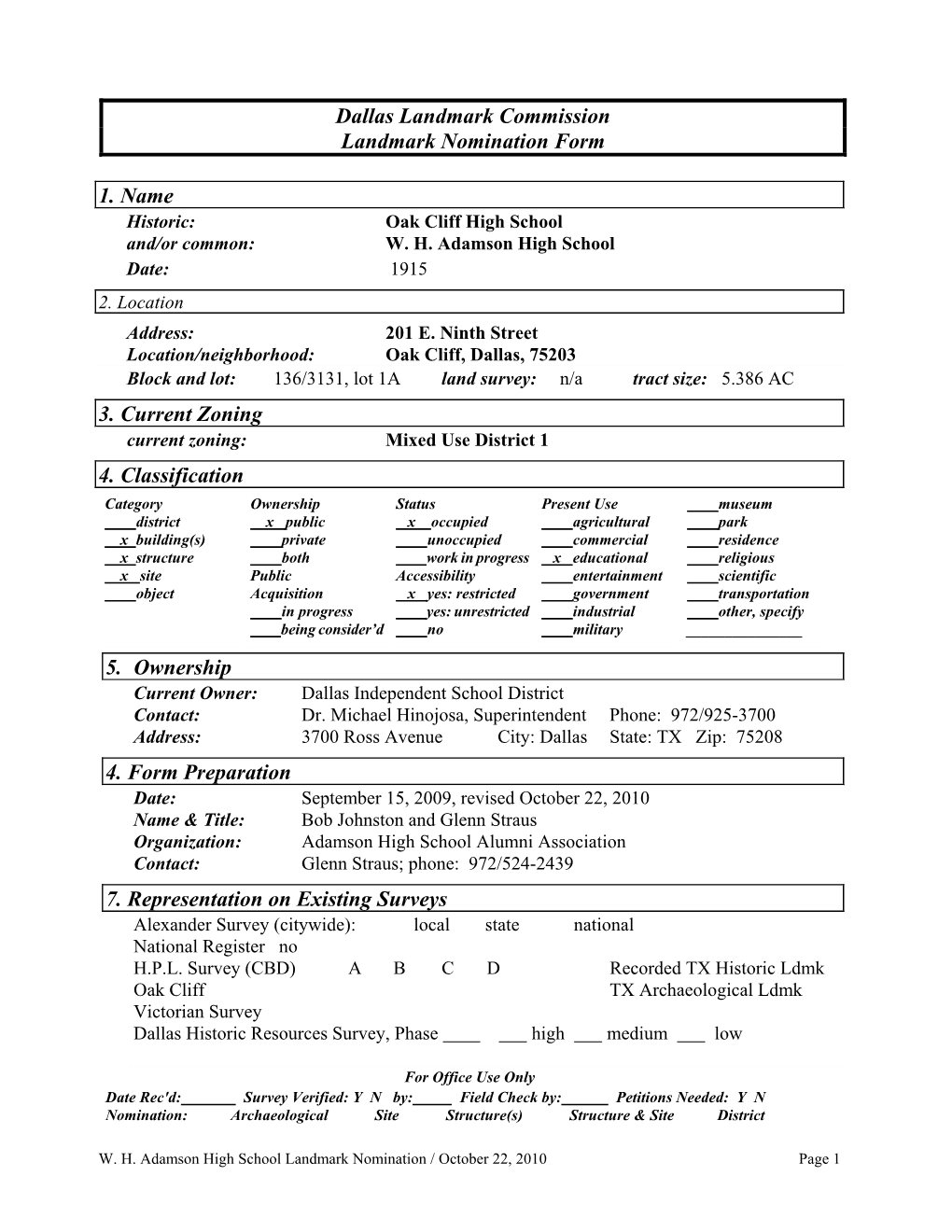 W.H. Adamson High School Landmark Nomination Form