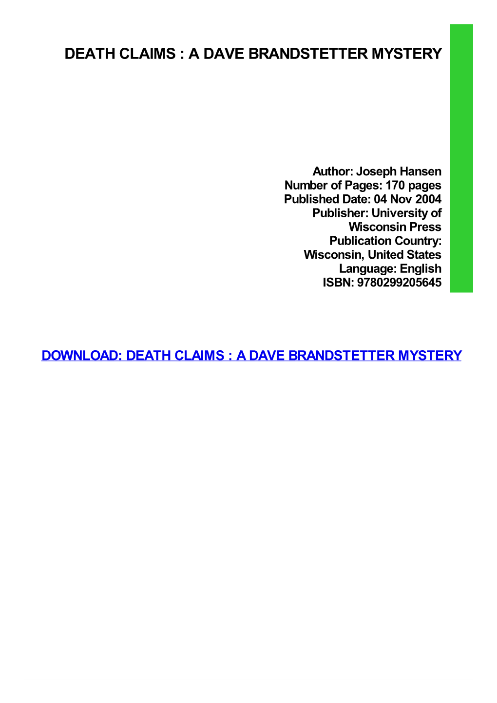 {TEXTBOOK} Death Claims : a Dave Brandstetter Mystery Kindle