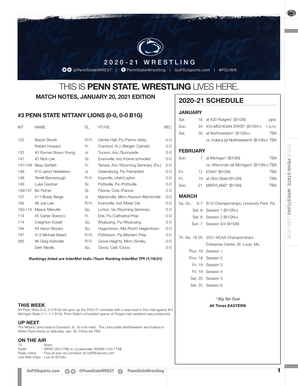 This Is Penn State. Wrestling Lives Here. Match Notes, January 20, 2021 Edition 2020-21 Schedule