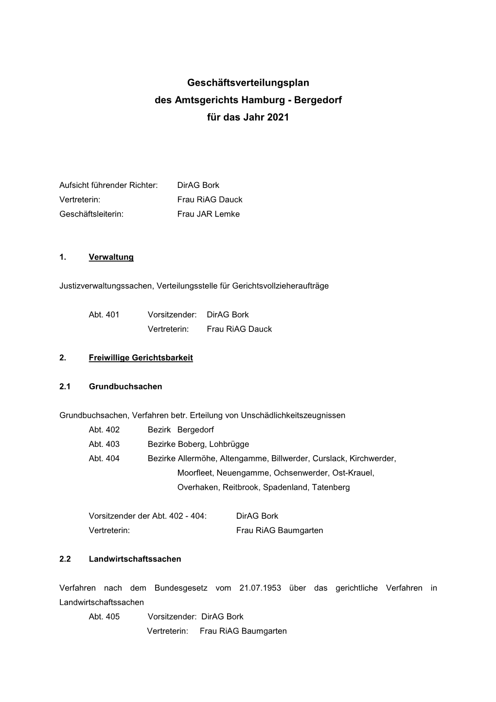 Geschäftsverteilungsplan Des Amtsgerichts Hamburg - Bergedorf Für Das Jahr 2021