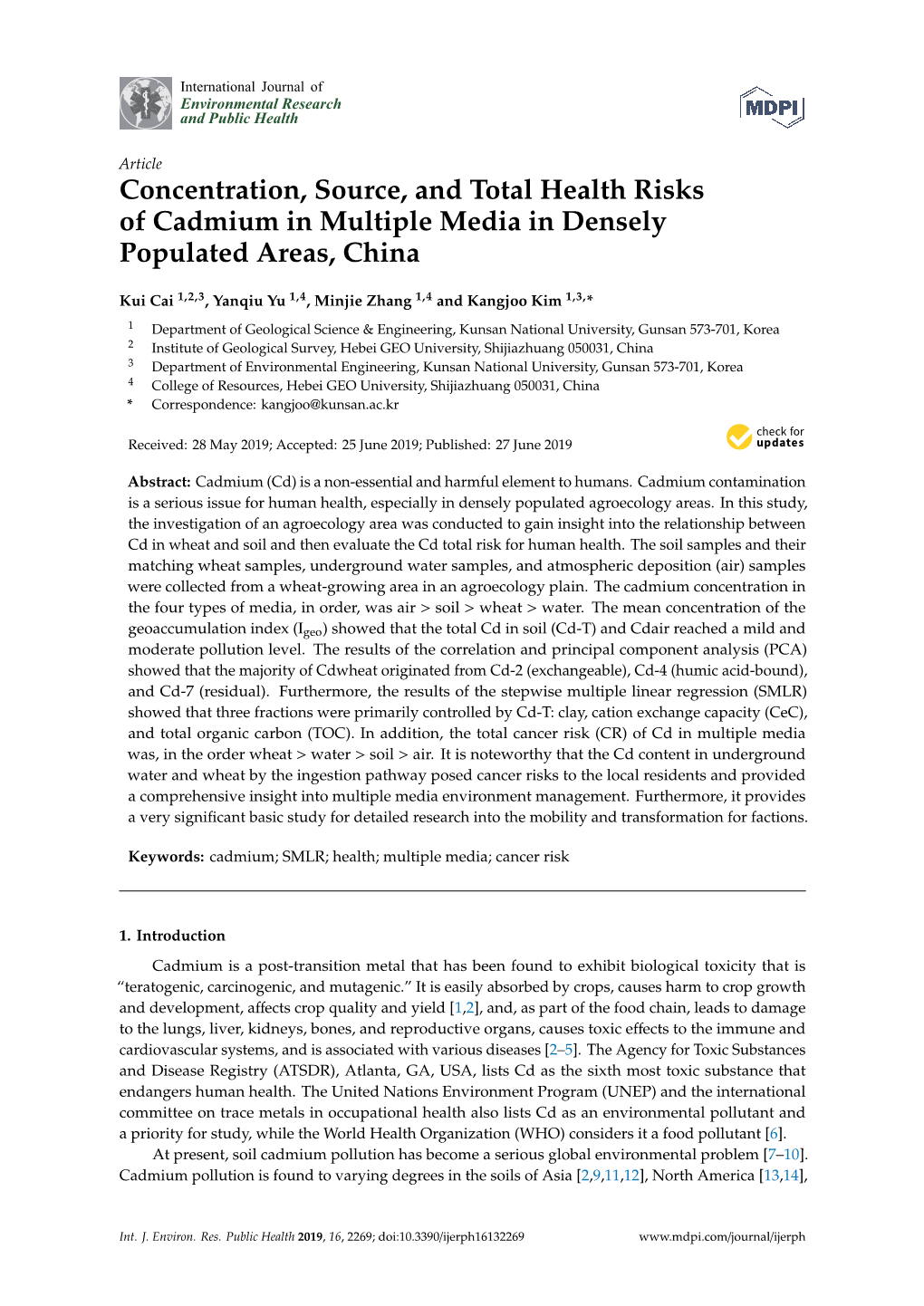 Concentration, Source, and Total Health Risks of Cadmium in Multiple Media in Densely Populated Areas, China