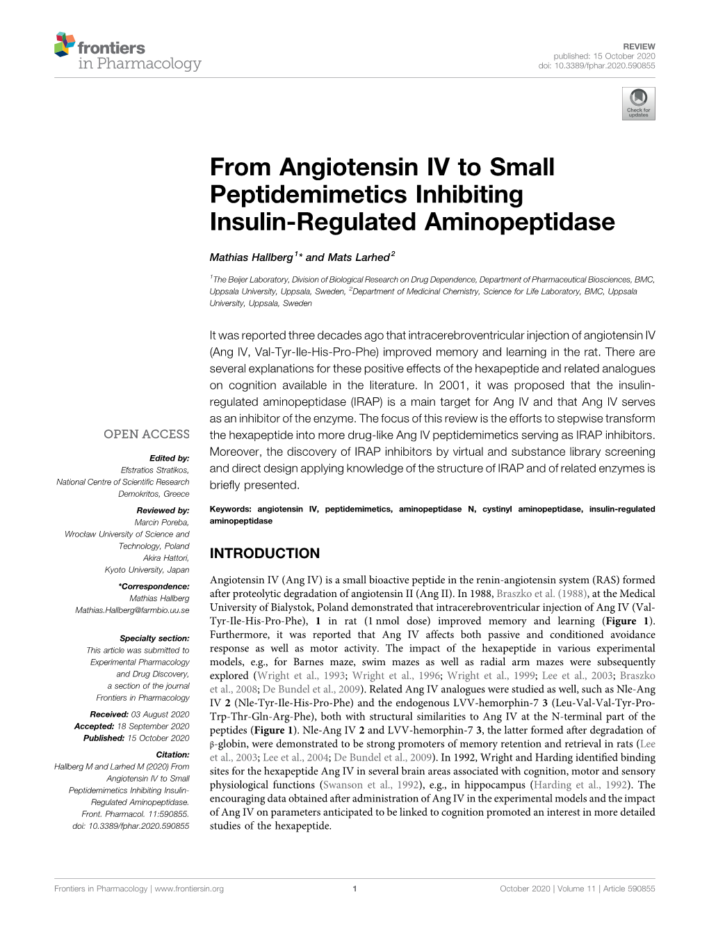 From Angiotensin IV to Small Peptidemimetics Inhibiting Insulin-Regulated Aminopeptidase