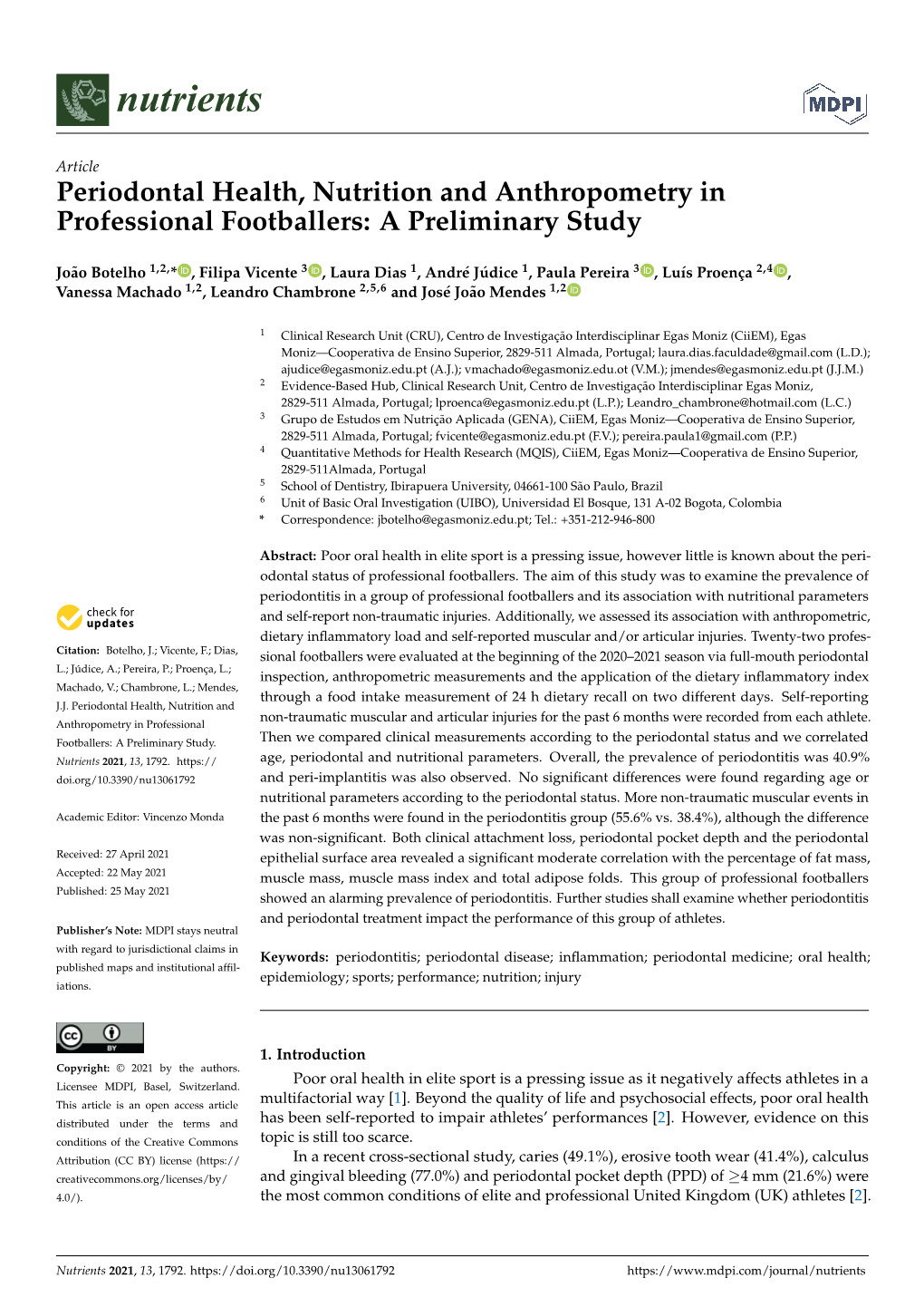 Periodontal Health, Nutrition and Anthropometry in Professional Footballers: a Preliminary Study