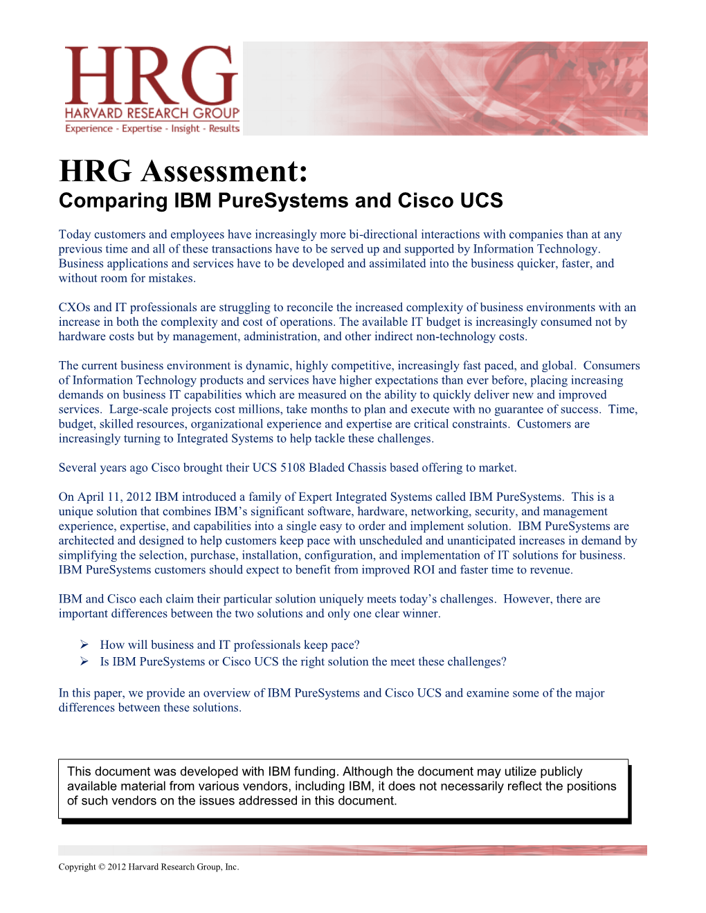 HRG Assessment: Comparing IBM Puresystems and Cisco UCS