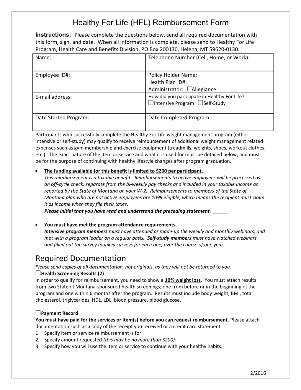 Healthy for Life (HFL) Reimbursement Form