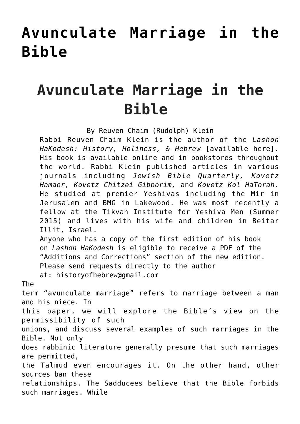 Avunculate Marriage in the Bible