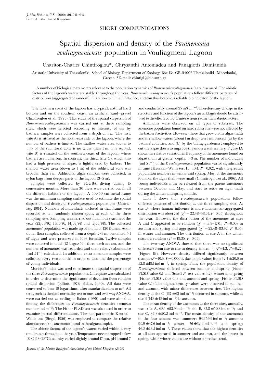 Spatial Dispersion and Density of the Paranemonia Vouliagmeniensis Population in Vouliagmeni Lagoon