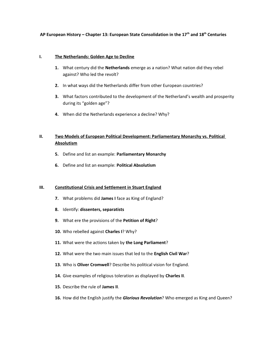 AP European History Chapter 13: European State Consolidation in the 17Th and 18Th Centuries