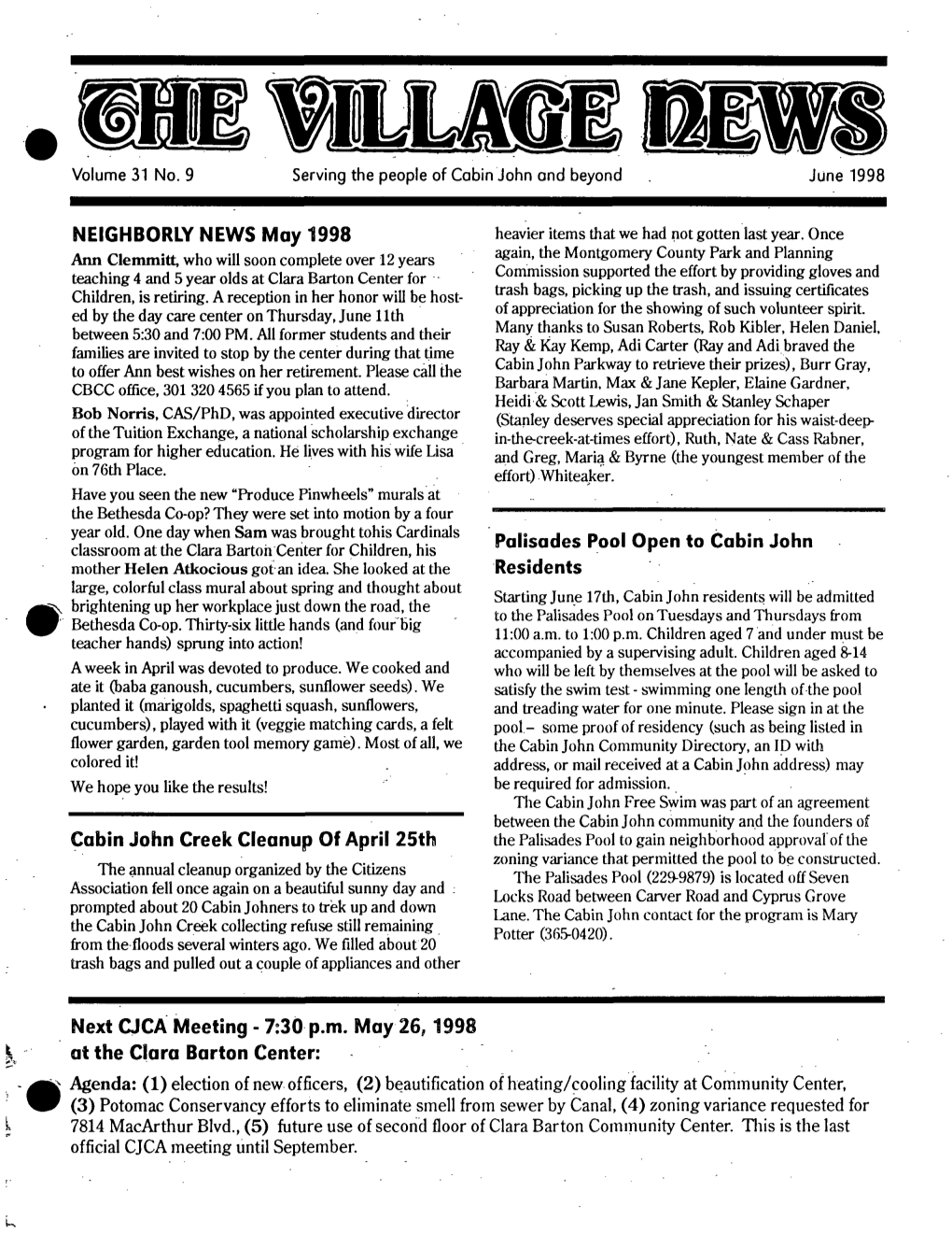 NEIGHBORLY NEWS May 1998 Cabin John Creek Cleanup of April