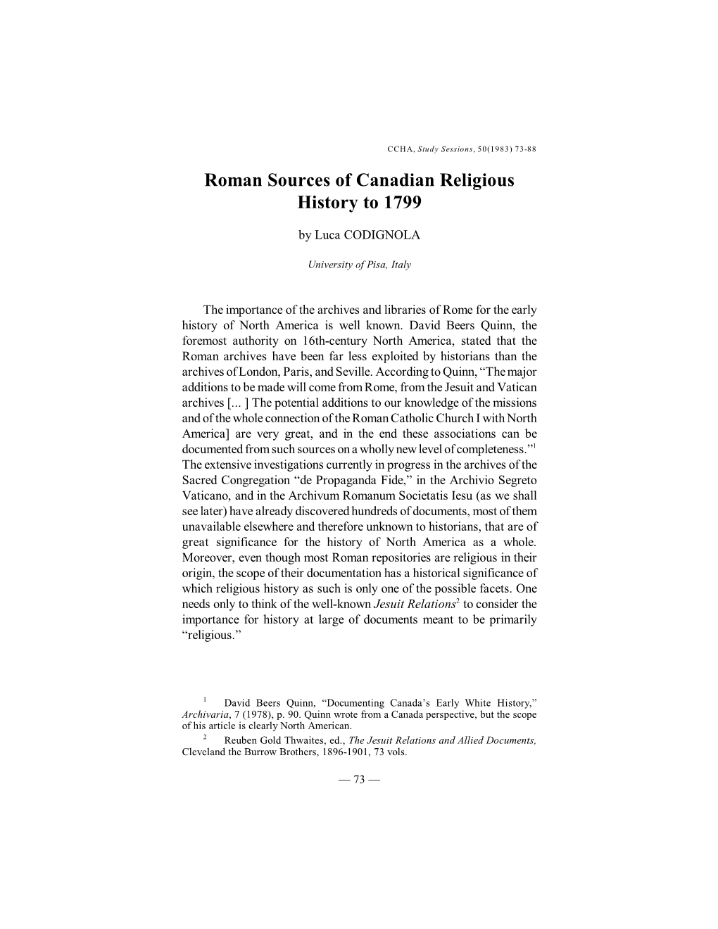 Roman Sources of Canadian Religious History to 1799