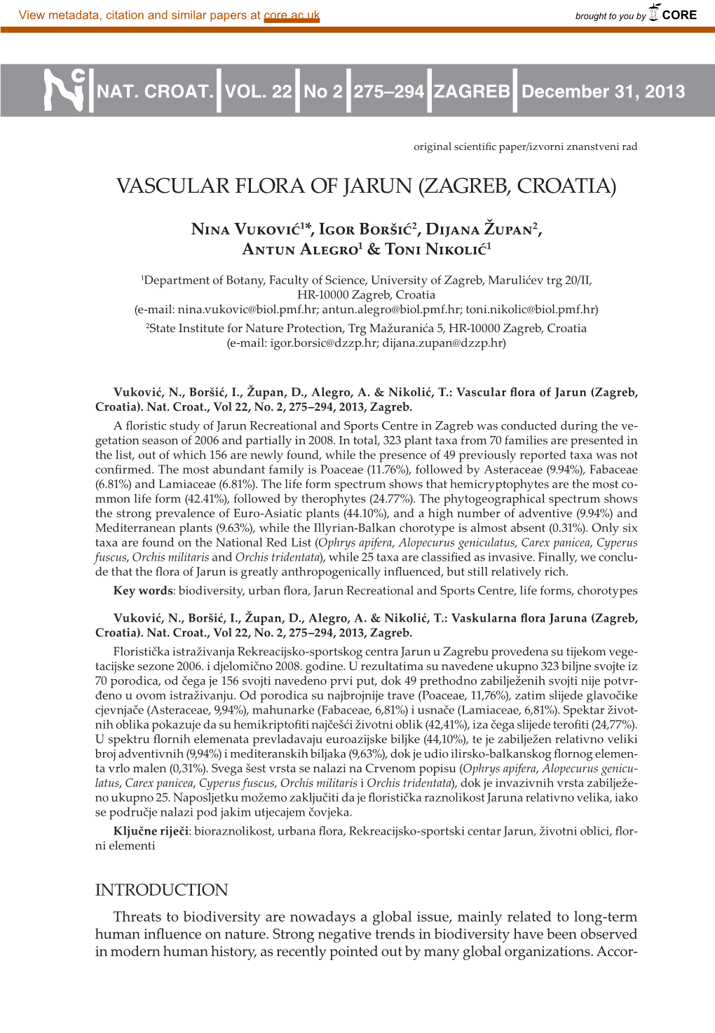 Vascular Flora of Jarun (Zagreb, Croatia)