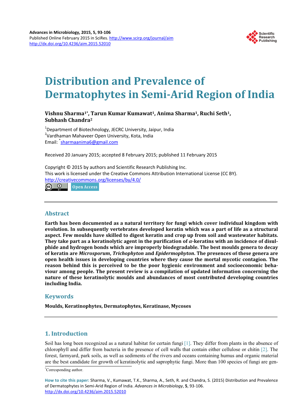 Distribution and Prevalence of Dermatophytes in Semi-Arid Region of India