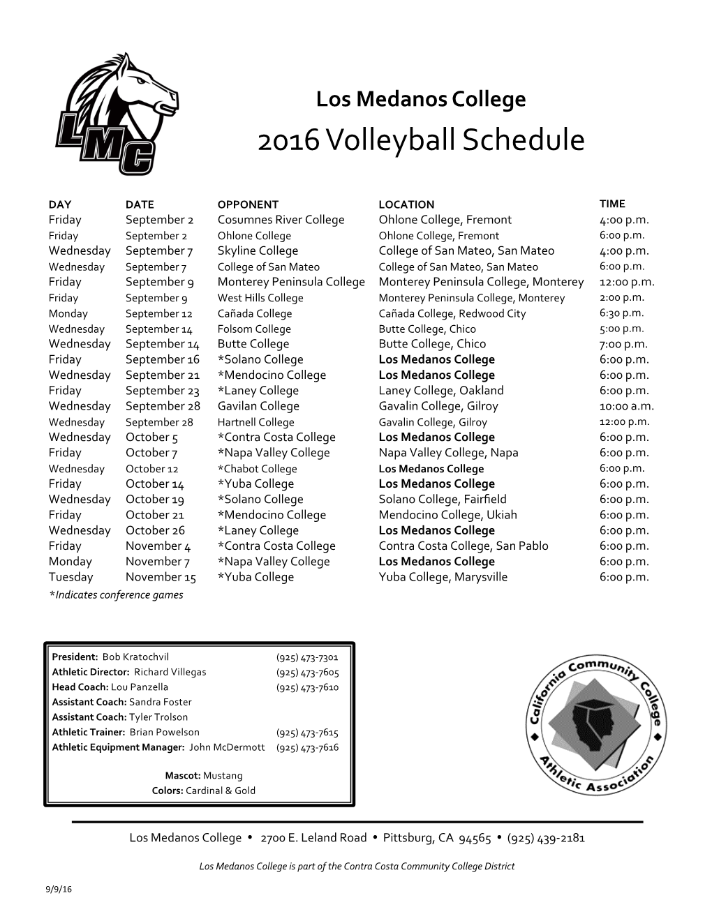 2016 Volleyball Schedule