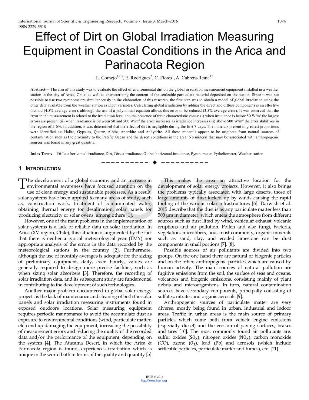 Effect of Dirt on Global Irradiation Measuring Equipment in Coastal Conditions in the Arica and Parinacota Region L