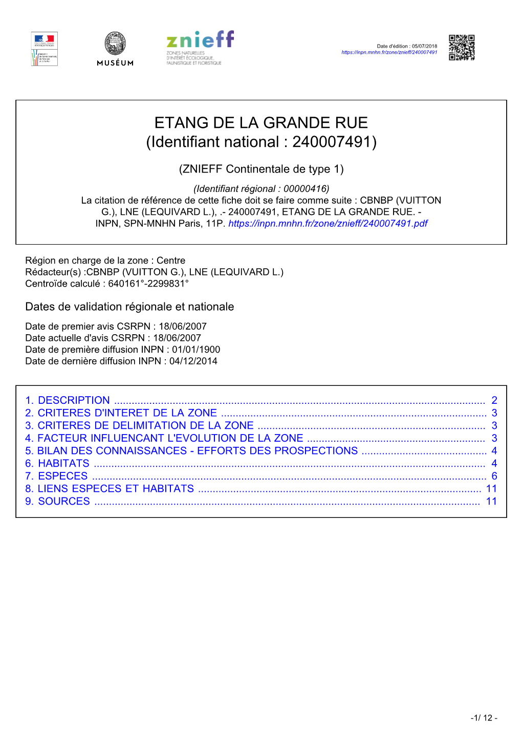 ETANG DE LA GRANDE RUE (Identifiant National : 240007491)