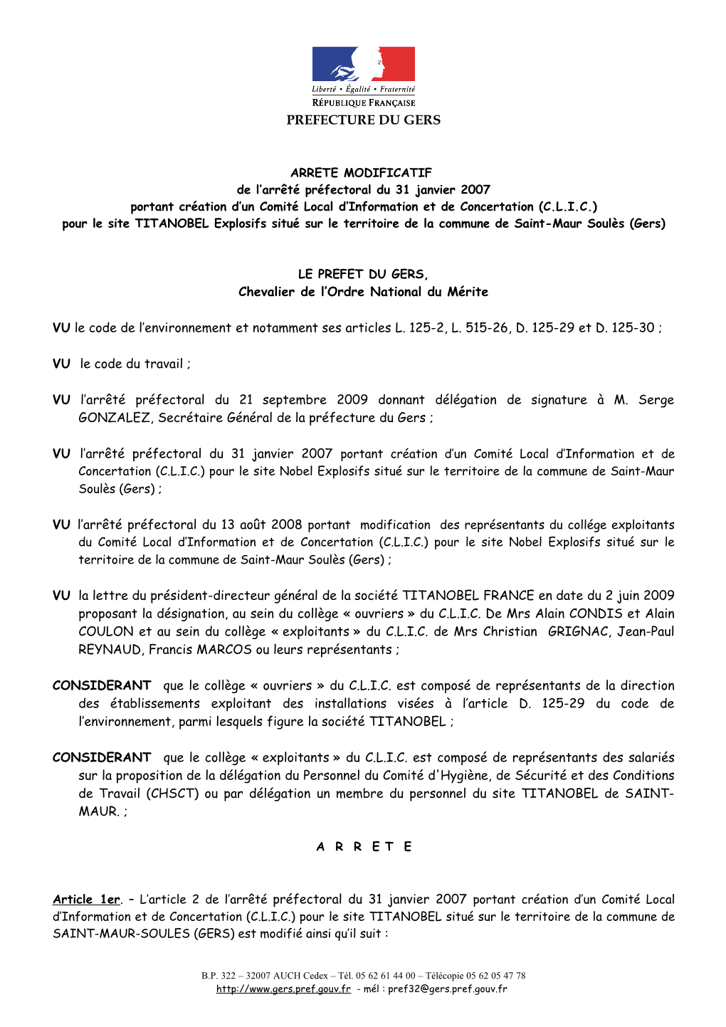 Arrêté De Modification Du CLIC 23.11.2009