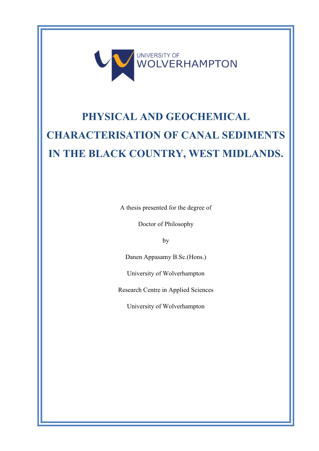 Physical and Geochemical Characterisation of Canal Sediments in the Black Country, West Midlands