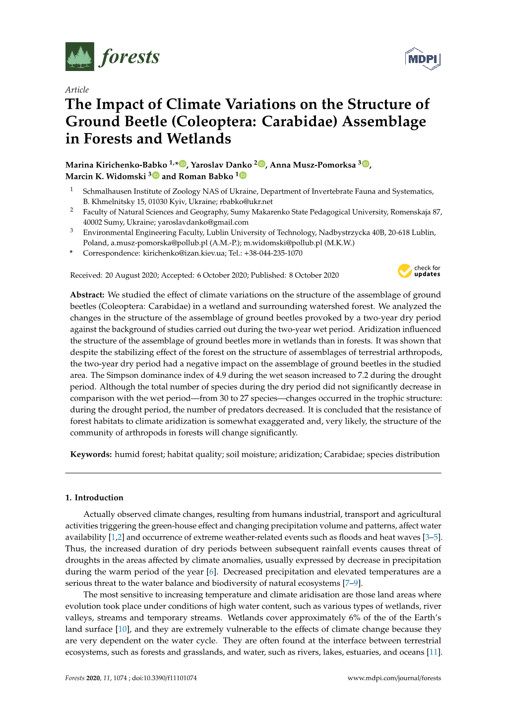 Coleoptera: Carabidae) Assemblage in Forests and Wetlands