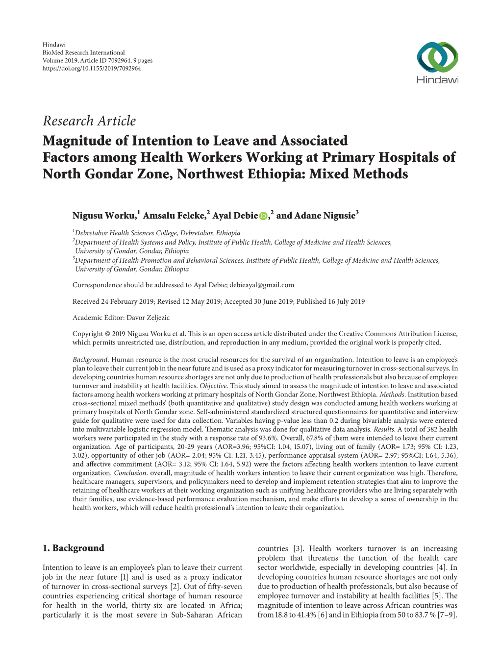 Magnitude of Intention to Leave and Associated Factors Among Health Workers Working at Primary Hospitals of North Gondar Zone, Northwest Ethiopia: Mixed Methods