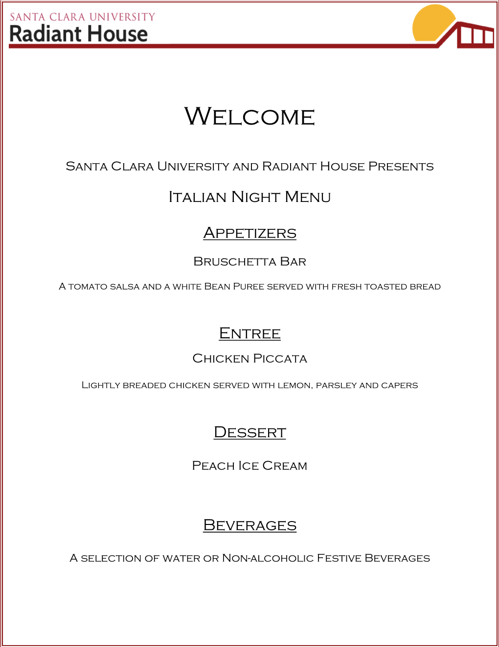 Santa Clara University Solar Decathlon 2011 Menu and Recipes