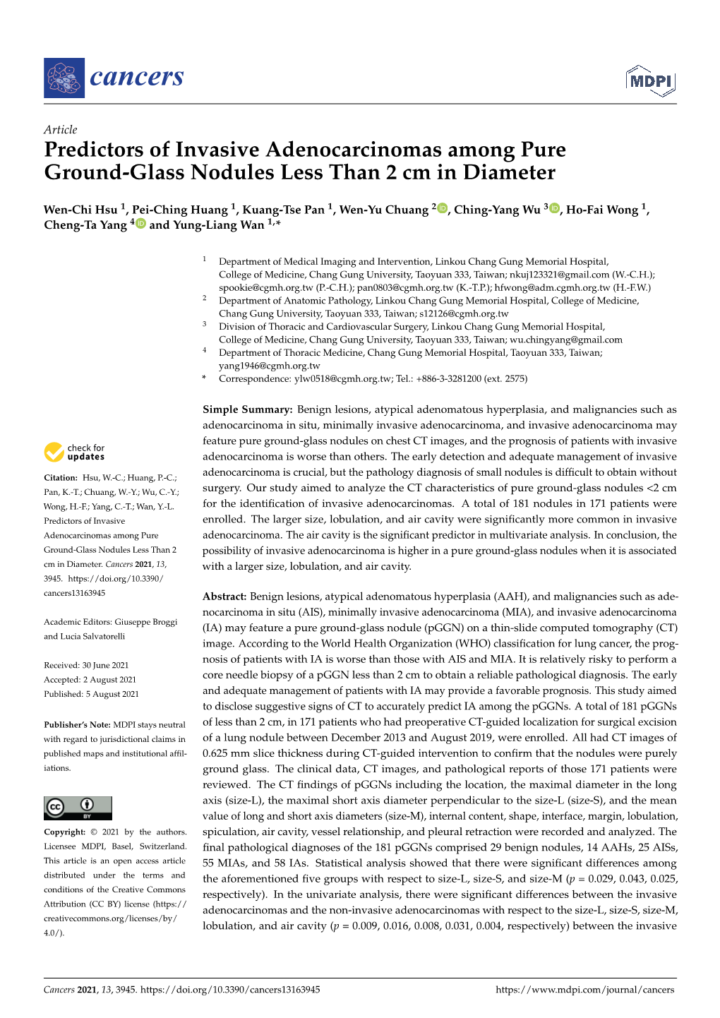 Predictors of Invasive Adenocarcinomas Among Pure Ground-Glass Nodules Less Than 2 Cm in Diameter