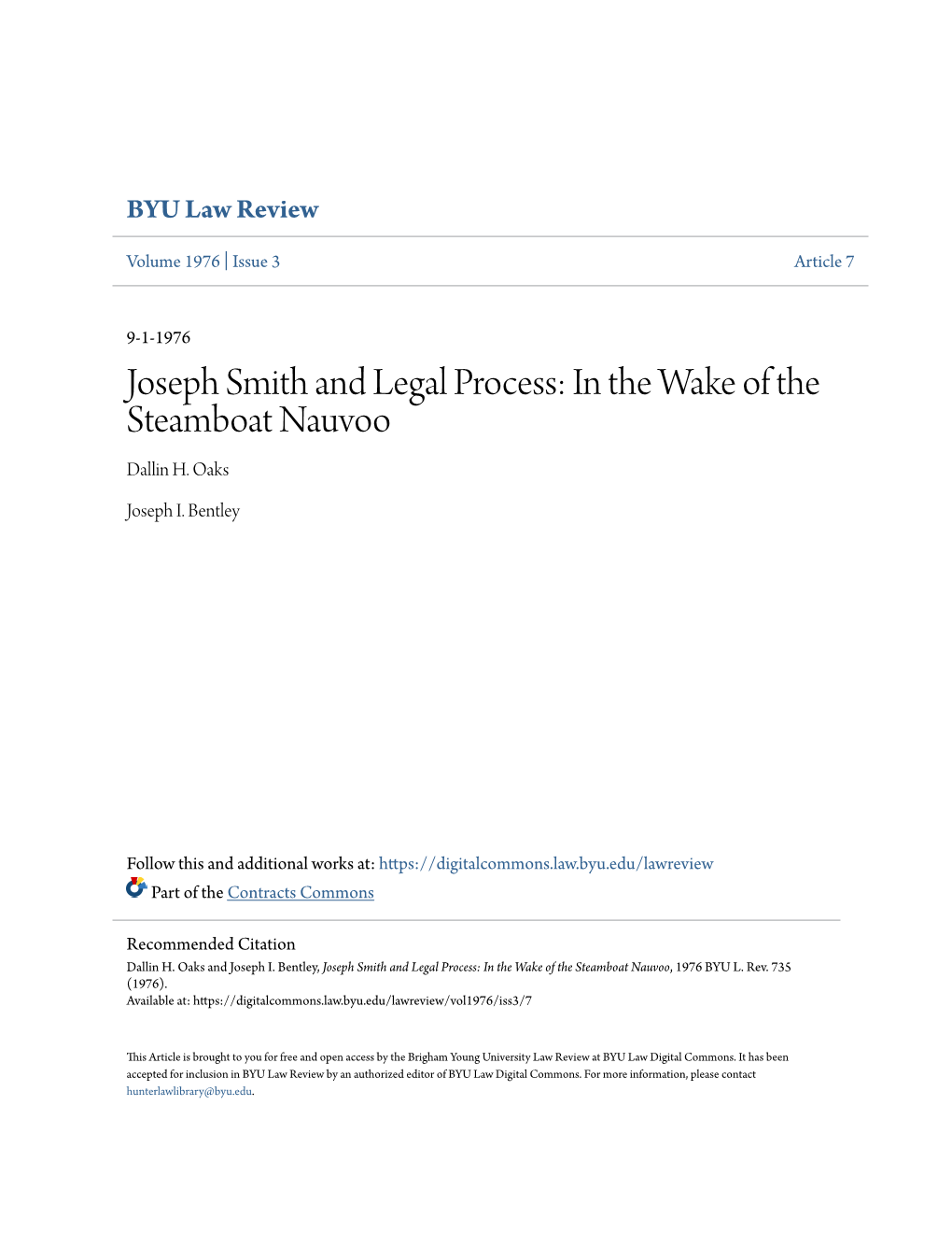 Joseph Smith and Legal Process: in the Wake of the Steamboat Nauvoo Dallin H