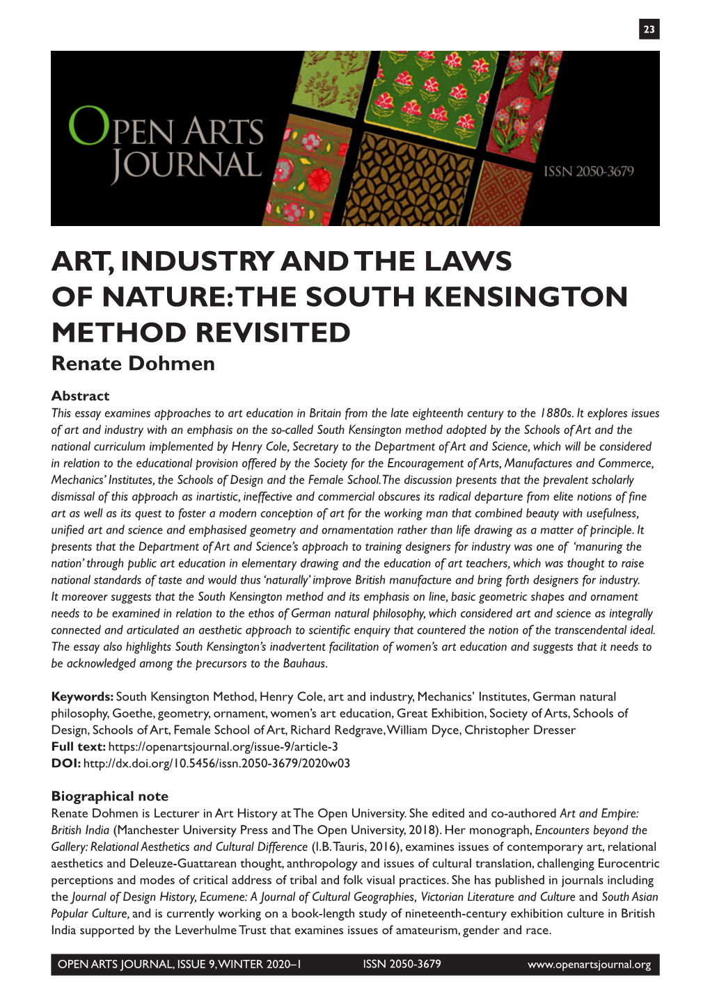 Art, Industry and the Laws of Nature: the South Kensington Method Revisited
