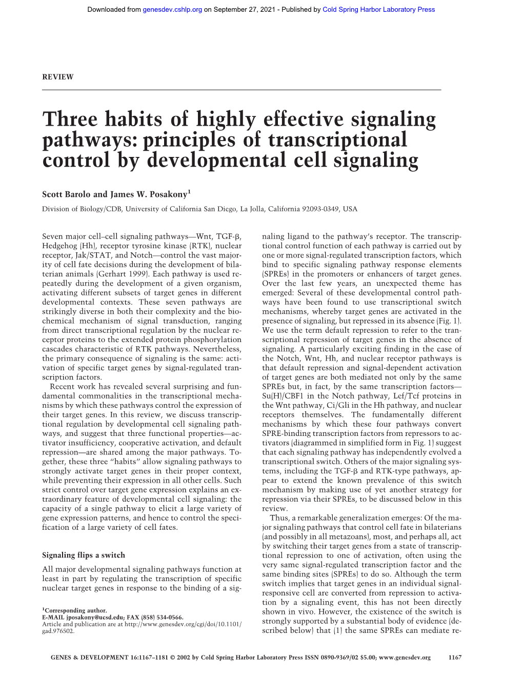 Three Habits of Highly Effective Signaling Pathways: Principles of Transcriptional Control by Developmental Cell Signaling