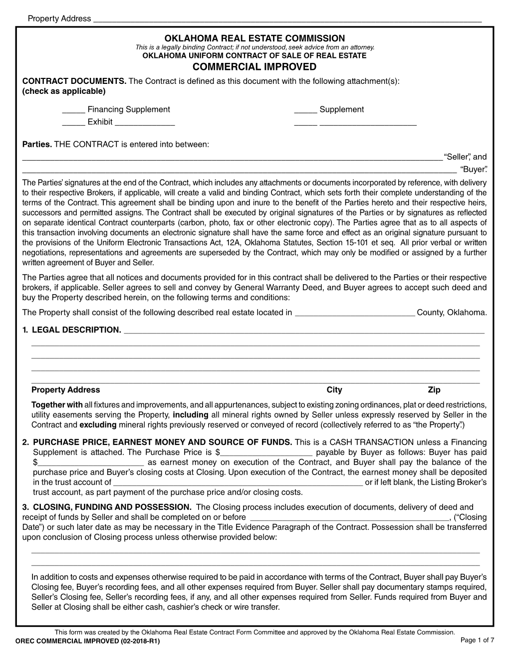 Oklahoma Uniform Contract of Sale of Real Estate Commercial Improved Contract Documents