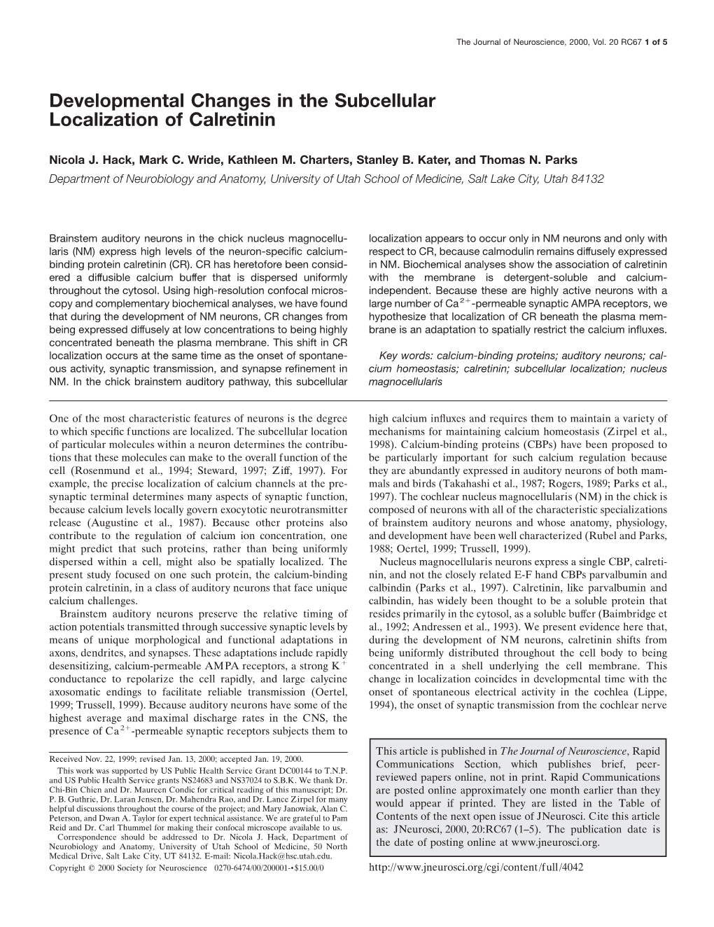 Developmental Changes in the Subcellular Localization of Calretinin