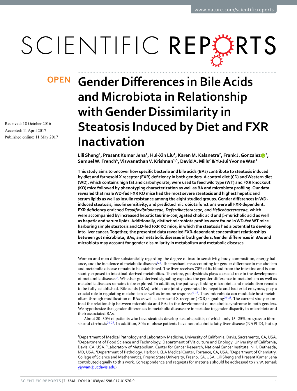 Gender Differences in Bile Acids and Microbiota in Relationship with Gender Dissimilarity in Steatosis Induced by Diet and FXR I