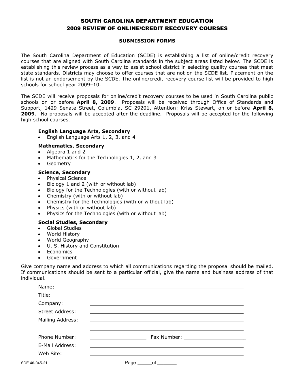 South Carolina Sealed Bid Form Specification Sheet