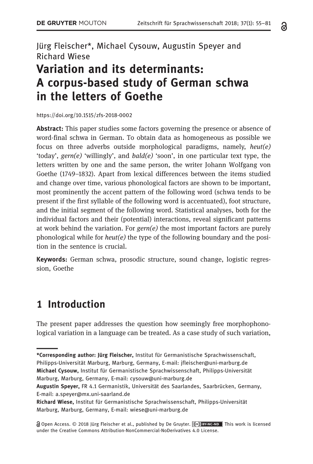 A Corpus-Based Study of German Schwa in the Letters of Goethe