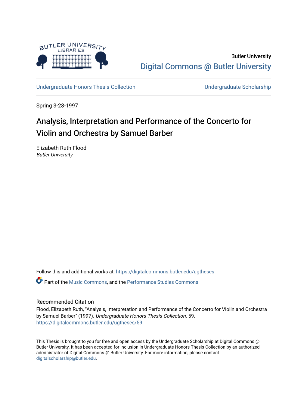 Analysis, Interpretation and Performance of the Concerto for Violin and Orchestra by Samuel Barber