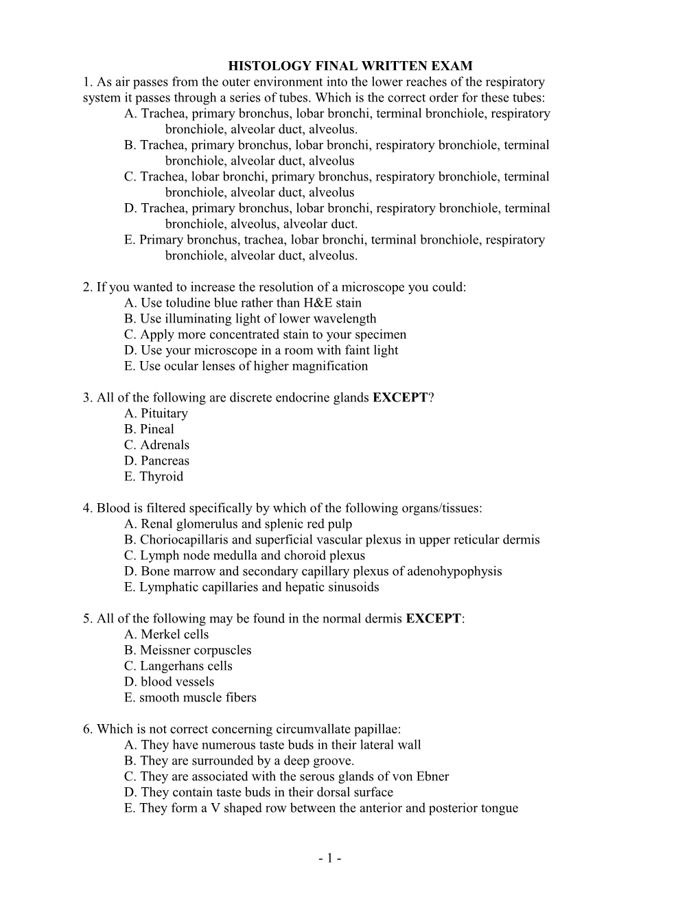 Histology Final Written Exam