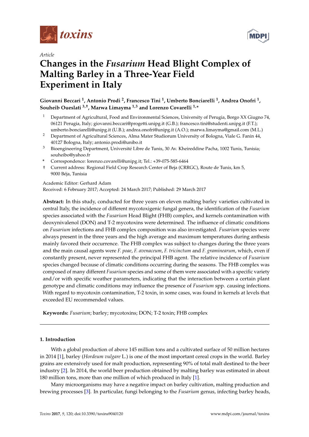 Changes in the Fusarium Head Blight Complex of Malting Barley in a Three-Year Field Experiment in Italy
