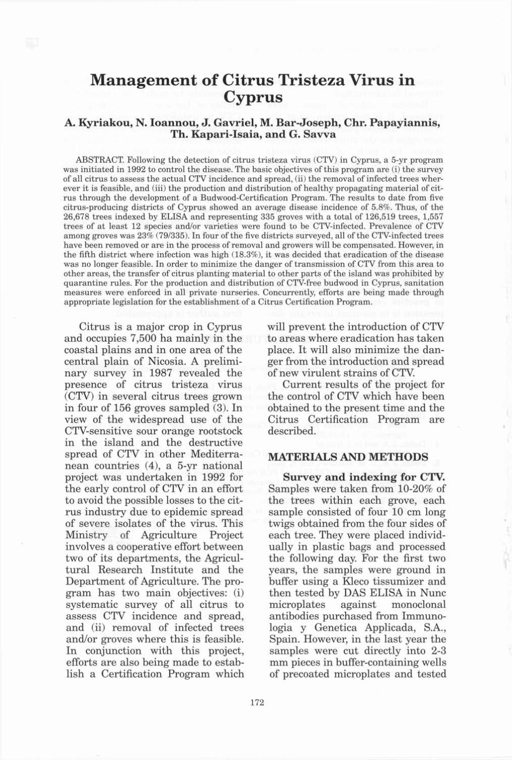 Management of Citrus Tristeza Virus in Cyprus A