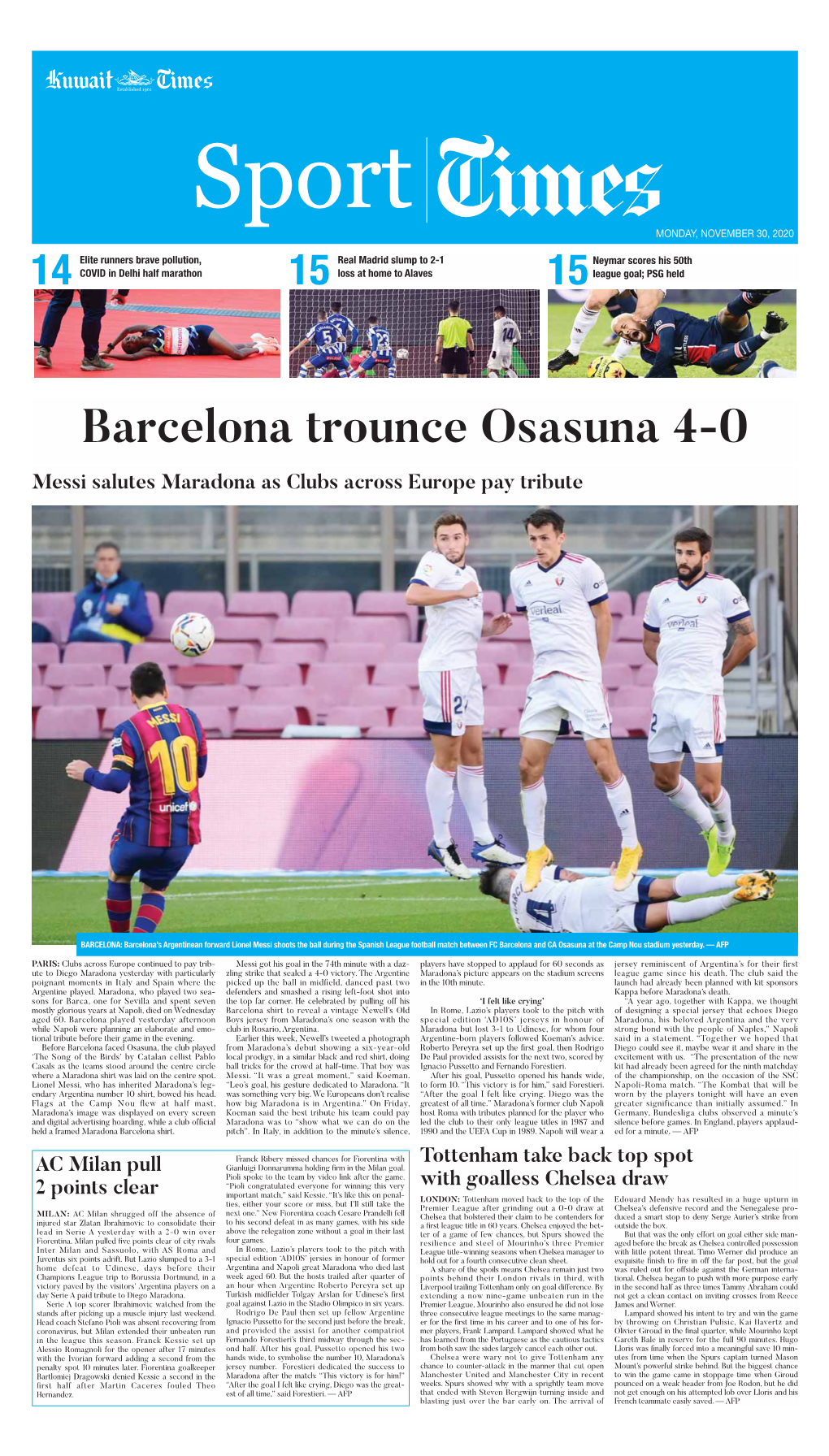 Barcelona Trounce Osasuna 4-0 Messi Salutes Maradona As Clubs Across Europe Pay Tribute